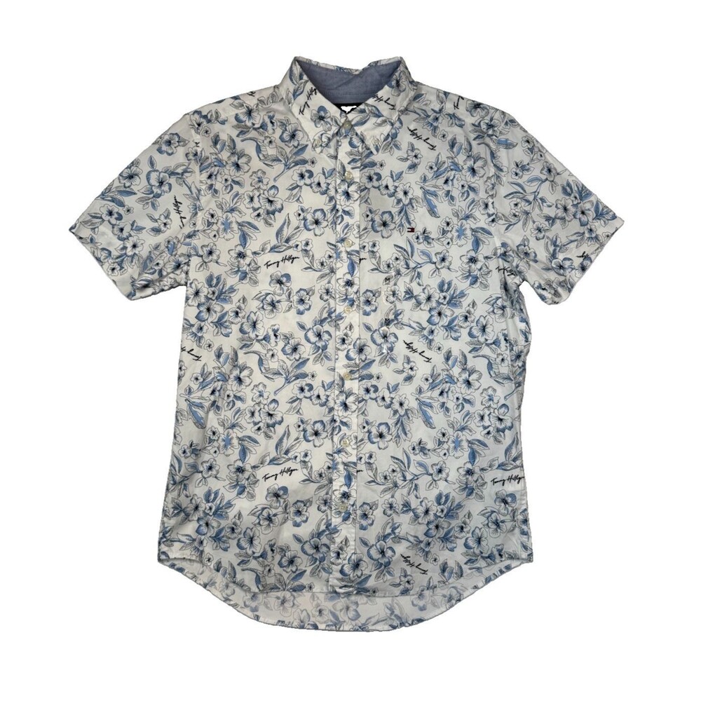 Tommy Hilfiger Men’s Medium White/Blue Floral Hawaiian Cotton Stretch Button-Up